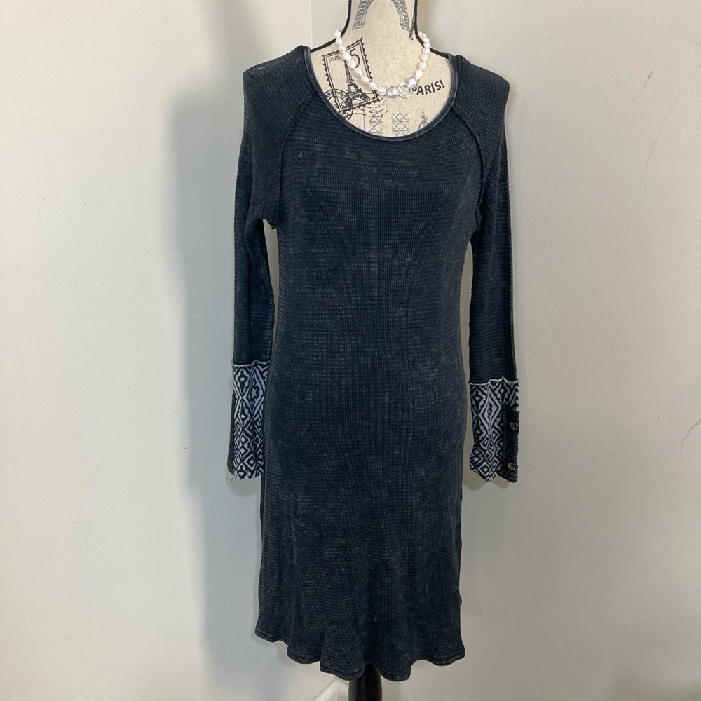 Able Womens Dress Small Black Waffle Knit Long Sleeve Distressed Grungy Dress